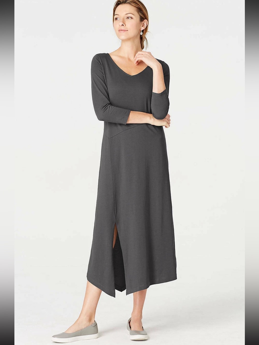 PURE JILL • J. Jill Gray Midi Dress V Neck 3/4 Sleeve Side Slit Size Small